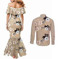 Bula Fiji Iri Buli Couples Matching Mermaid Dress and Long Sleeve Button Shirt Woven Fan With Fijian Tapa LT14 - Polynesian Pride