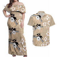 Bula Fiji Iri Buli Couples Matching Off Shoulder Maxi Dress and Hawaiian Shirt Woven Fan With Fijian Tapa LT14 Beige - Polynesian Pride