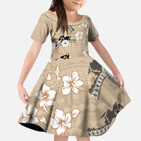 Bula Fiji Iri Buli Family Matching Off The Shoulder Long Sleeve Dress and Hawaiian Shirt Woven Fan With Fijian Tapa LT14 Daughter's Dress Beige - Polynesian Pride