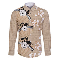 Bula Fiji Iri Buli Family Matching Summer Maxi Dress and Hawaiian Shirt Woven Fan With Fijian Tapa LT14 Dad's Shirt - Long Sleeve Beige - Polynesian Pride