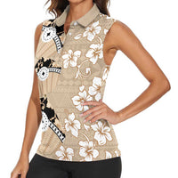 Bula Fiji Iri Buli Women Sleeveless Polo Shirt Woven Fan With Fijian Tapa LT14 - Polynesian Pride