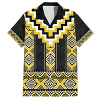 Yellow Taniko Aotearoa Family Matching Off The Shoulder Long Sleeve Dress and Hawaiian Shirt Niho Taniwha Mix Poutama LT14 Dad's Shirt - Short Sleeve Yellow - Polynesian Pride