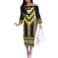 Yellow Taniko Aotearoa Family Matching Off The Shoulder Long Sleeve Dress and Hawaiian Shirt Niho Taniwha Mix Poutama LT14 Mom's Dress Yellow - Polynesian Pride