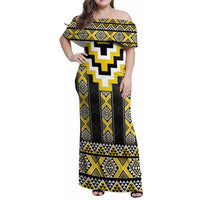 Yellow Taniko Aotearoa Family Matching Off Shoulder Maxi Dress and Hawaiian Shirt Niho Taniwha Mix Poutama LT14 Mom's Dress Yellow - Polynesian Pride
