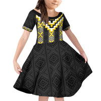 Yellow Taniko Aotearoa Family Matching Off Shoulder Short Dress and Hawaiian Shirt Niho Taniwha Mix Poutama LT14 Daughter's Dress Yellow - Polynesian Pride