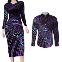 Teal Purple Polynesia Plumeria Tattoo Couples Matching Long Sleeve Bodycon Dress and Long Sleeve Button Shirt