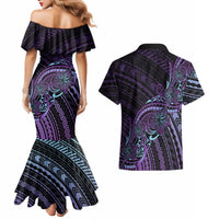 Teal Purple Polynesia Plumeria Tattoo Couples Matching Mermaid Dress and Hawaiian Shirt