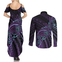 Teal Purple Polynesia Plumeria Tattoo Couples Matching Summer Maxi Dress and Long Sleeve Button Shirt