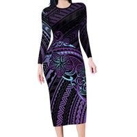 Teal Purple Polynesia Plumeria Tattoo Family Matching Long Sleeve Bodycon Dress and Hawaiian Shirt LT14 Mom's Dress Purple - Polynesian Pride