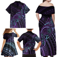 Teal Purple Polynesia Plumeria Tattoo Family Matching Off Shoulder Maxi Dress and Hawaiian Shirt