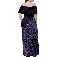 Teal Purple Polynesia Plumeria Tattoo Family Matching Off Shoulder Maxi Dress and Hawaiian Shirt