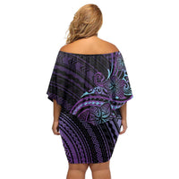 Teal Purple Polynesia Plumeria Tattoo Family Matching Off Shoulder Short Dress and Hawaiian Shirt