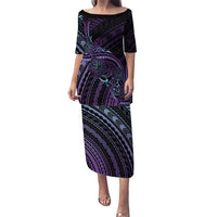 Teal Purple Polynesia Plumeria Tattoo Family Matching Puletasi and Hawaiian Shirt