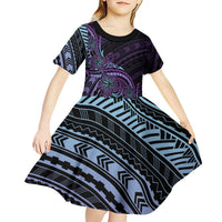 Teal Purple Polynesia Plumeria Tattoo Kid Short Sleeve Dress
