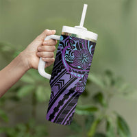 Teal Purple Polynesia Plumeria Tattoo Tumbler With Handle