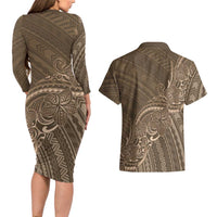 Brown Polynesia Plumeria Tattoo Couples Matching Long Sleeve Bodycon Dress and Hawaiian Shirt