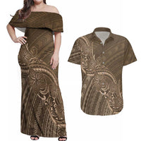 Brown Polynesia Plumeria Tattoo Couples Matching Off Shoulder Maxi Dress and Hawaiian Shirt