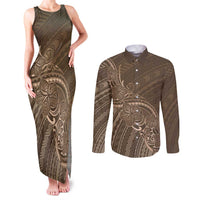 Brown Polynesia Plumeria Tattoo Couples Matching Tank Maxi Dress and Long Sleeve Button Shirt