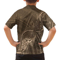 Brown Polynesia Plumeria Tattoo Family Matching Long Sleeve Bodycon Dress and Hawaiian Shirt