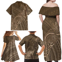 Brown Polynesia Plumeria Tattoo Family Matching Off Shoulder Maxi Dress and Hawaiian Shirt