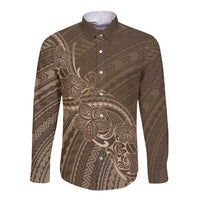 Brown Polynesia Plumeria Tattoo Long Sleeve Button Shirt