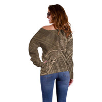 Brown Polynesia Plumeria Tattoo Off Shoulder Sweater