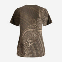Brown Polynesia Plumeria Tattoo Scrub Top