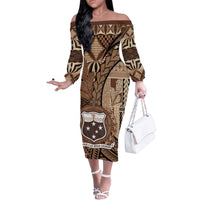 Samoa Siapo Family Matching Off The Shoulder Long Sleeve Dress and Hawaiian Shirt Happy Independence Day Vintage Vibes LT14 Mom's Dress Brown - Polynesian Pride