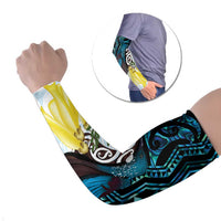 New Zealand Silver Fern Tui Bird Arm Sleeves Maori Kowhai Paua Shell Taniko Motifs LT14 Set of 2 Turquoise - Polynesian Pride