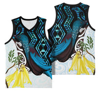 New Zealand Silver Fern Tui Bird Basketball Jersey Maori Kowhai Paua Shell Taniko Motifs LT14 - Polynesian Pride