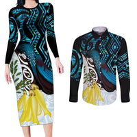 New Zealand Silver Fern Tui Bird Couples Matching Long Sleeve Bodycon Dress and Long Sleeve Button Shirt Maori Kowhai Paua Shell Taniko Motifs LT14 Turquoise - Polynesian Pride