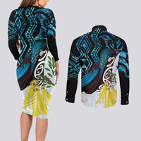 New Zealand Silver Fern Tui Bird Couples Matching Long Sleeve Bodycon Dress and Long Sleeve Button Shirt Maori Kowhai Paua Shell Taniko Motifs LT14 - Polynesian Pride