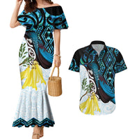 New Zealand Silver Fern Tui Bird Couples Matching Mermaid Dress and Hawaiian Shirt Maori Kowhai Paua Shell Taniko Motifs LT14 Turquoise - Polynesian Pride