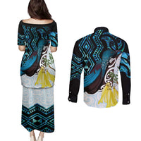 New Zealand Silver Fern Tui Bird Couples Matching Puletasi and Long Sleeve Button Shirt Maori Kowhai Paua Shell Taniko Motifs LT14 - Polynesian Pride