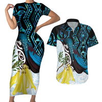 New Zealand Silver Fern Tui Bird Couples Matching Short Sleeve Bodycon Dress and Hawaiian Shirt Maori Kowhai Paua Shell Taniko Motifs LT14 Turquoise - Polynesian Pride