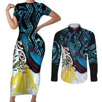 New Zealand Silver Fern Tui Bird Couples Matching Short Sleeve Bodycon Dress and Long Sleeve Button Shirt Maori Kowhai Paua Shell Taniko Motifs LT14 Turquoise - Polynesian Pride