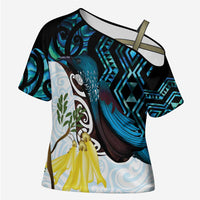 New Zealand Silver Fern Tui Bird Cross Shoulder Shirt Maori Kowhai Paua Shell Taniko Motifs LT14 Female Turquoise - Polynesian Pride