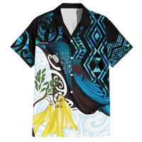 New Zealand Silver Fern Tui Bird Family Matching Off The Shoulder Long Sleeve Dress and Hawaiian Shirt Maori Kowhai Paua Shell Taniko Motifs LT14 Dad's Shirt - Short Sleeve Turquoise - Polynesian Pride