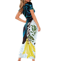 New Zealand Silver Fern Tui Bird Family Matching Short Sleeve Bodycon Dress and Hawaiian Shirt Maori Kowhai Paua Shell Taniko Motifs LT14 - Polynesian Pride