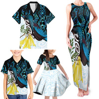 New Zealand Silver Fern Tui Bird Family Matching Tank Maxi Dress and Hawaiian Shirt Maori Kowhai Paua Shell Taniko Motifs LT14 - Polynesian Pride