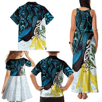 New Zealand Silver Fern Tui Bird Family Matching Tank Maxi Dress and Hawaiian Shirt Maori Kowhai Paua Shell Taniko Motifs LT14 - Polynesian Pride