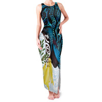 New Zealand Silver Fern Tui Bird Family Matching Tank Maxi Dress and Hawaiian Shirt Maori Kowhai Paua Shell Taniko Motifs LT14 Mom's Dress Turquoise - Polynesian Pride
