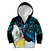 New Zealand Silver Fern Tui Bird Kid Hoodie Maori Kowhai Paua Shell Taniko Motifs LT14 Zip Hoodie Turquoise - Polynesian Pride