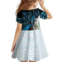 New Zealand Silver Fern Tui Bird Kid Short Sleeve Dress Maori Kowhai Paua Shell Taniko Motifs LT14 - Polynesian Pride