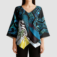 New Zealand Silver Fern Tui Bird Kimono Sleeve Blouse Maori Kowhai Paua Shell Taniko Motifs LT14 - Polynesian Pride