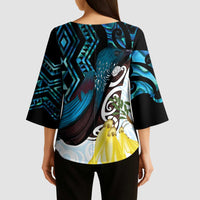 New Zealand Silver Fern Tui Bird Kimono Sleeve Blouse Maori Kowhai Paua Shell Taniko Motifs LT14 - Polynesian Pride