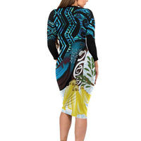 New Zealand Silver Fern Tui Bird Long Sleeve Bodycon Dress Maori Kowhai Paua Shell Taniko Motifs LT14 - Polynesian Pride