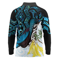 New Zealand Silver Fern Tui Bird Long Sleeve Polo Shirt Maori Kowhai Paua Shell Taniko Motifs LT14 - Polynesian Pride