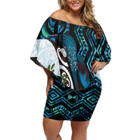New Zealand Silver Fern Tui Bird Off Shoulder Short Dress Maori Kowhai Paua Shell Taniko Motifs LT14 Women Turquoise - Polynesian Pride