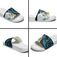 New Zealand Silver Fern Tui Bird Slide Sandals Maori Kowhai Paua Shell Taniko Motifs LT14 - Polynesian Pride